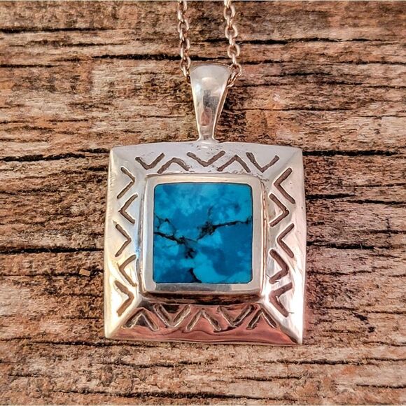 Sterling Chrysocholla Southwestern Design Pendant Necklace - Picture 1 of 6
